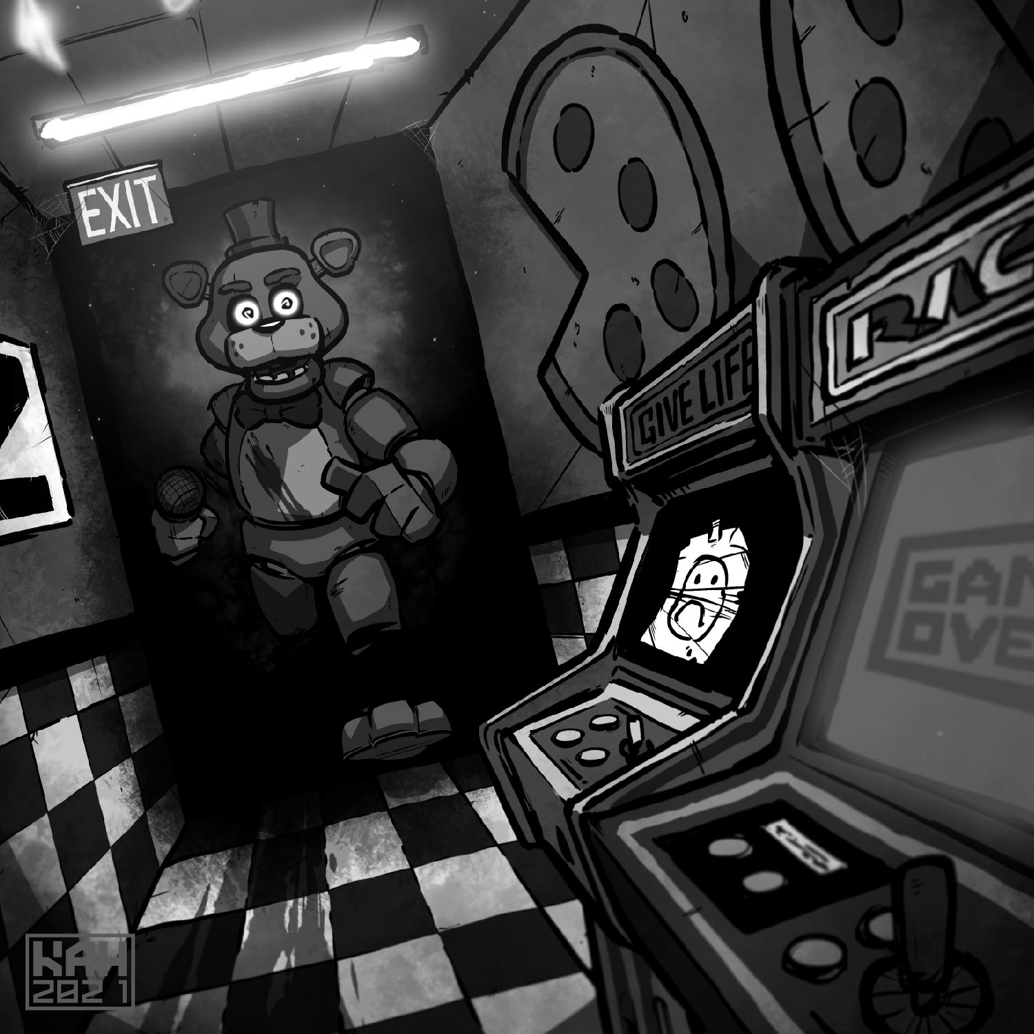 Black and white animatronic bear illustration in an arcade