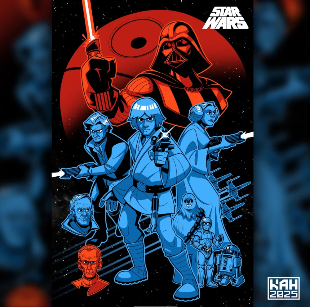 Red and blue science fiction comic artwork